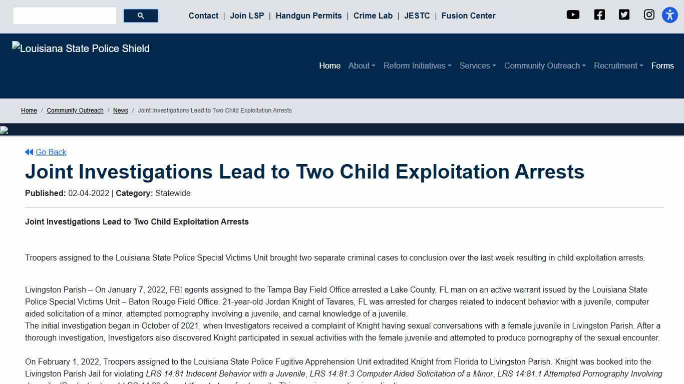 Joint Investigations Lead to Two Child Exploitation Arrests - Louisiana State Police