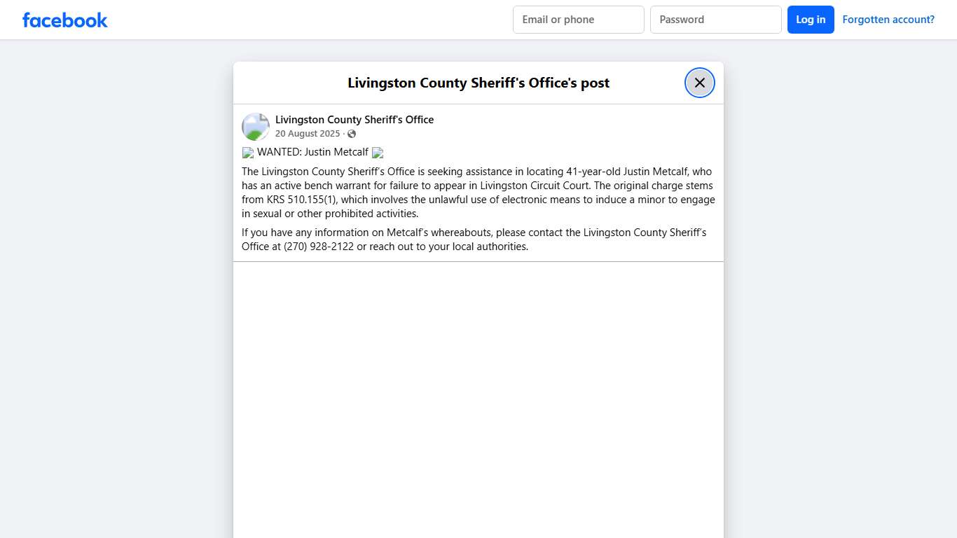 🚨 WANTED: Justin... - Livingston County Sheriff's Office Facebook